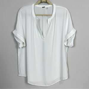 T Tahari White Lightweight Sheer Short Sleeve Blouse L